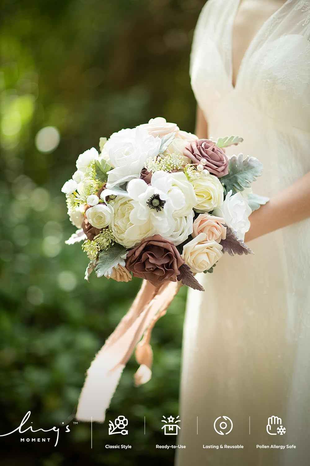 Ling's moment Dusty Rose Bridal Bouquet for Bride, Blush Pink Wedding Bouquets for Bride, 13 Inch Silk Round Artificial Wedding Flowers Bouquets Pk-dusty Rose & Cream Small 13 Inch