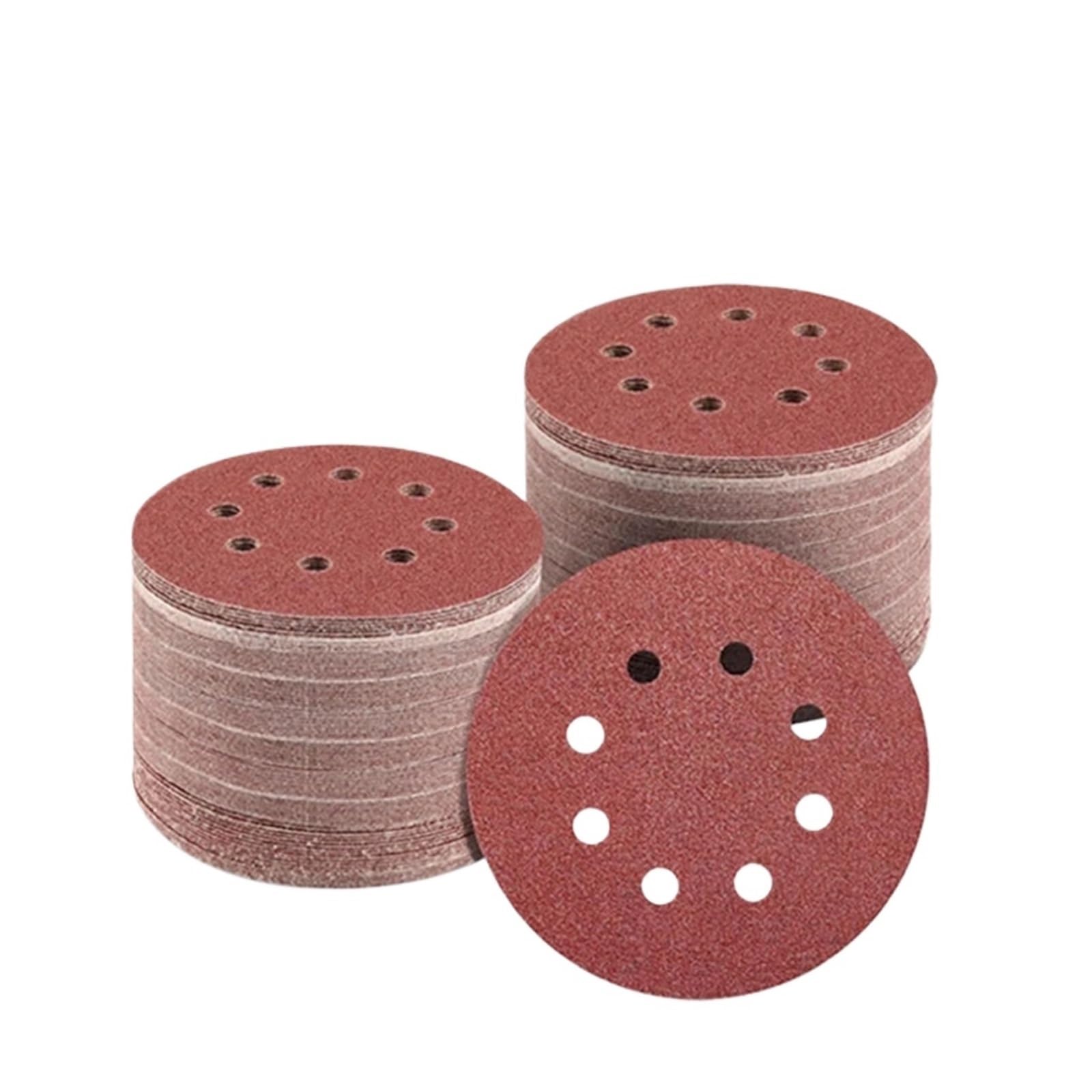 200 uds/5 pulgadas 8 agujeros 125,0mm discos de pantalla papel lija disco molienda Metal for carpintería herramienta pulido abrasivo Para Lijadora(Red-p150)