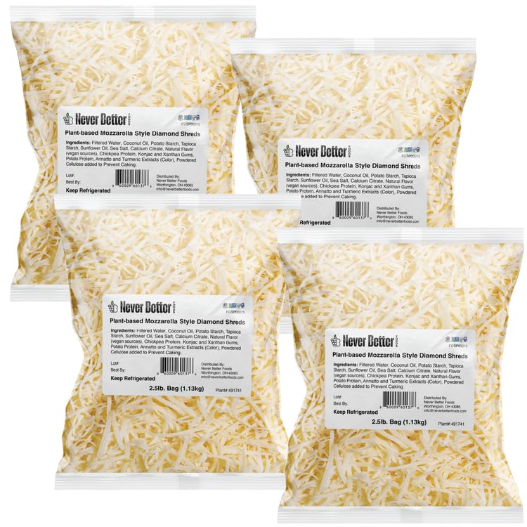 Never Better Foods Plant-Based Shredded Mozzarella Cheese – Dairy-Free, Allergen-Free, 10 lb Bulk Bag (160 oz)