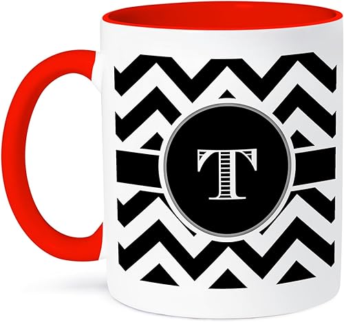 3dRose Taza "Black and White Chevron Monogram Initial T", negro/blanco/rojo, 11 onzas