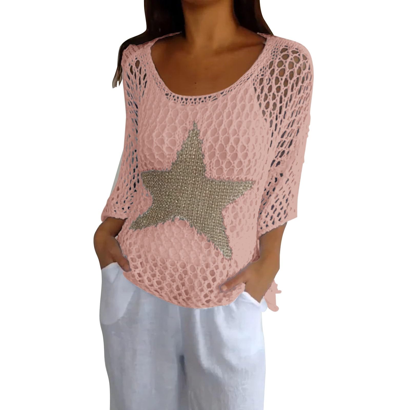 Vestido de Playa de Crochet para Mujer con Cuello en U Mangas 7/8 de Verano de Punto Caché Trajes de Baño Sarong Túnica de Playa Cover Up