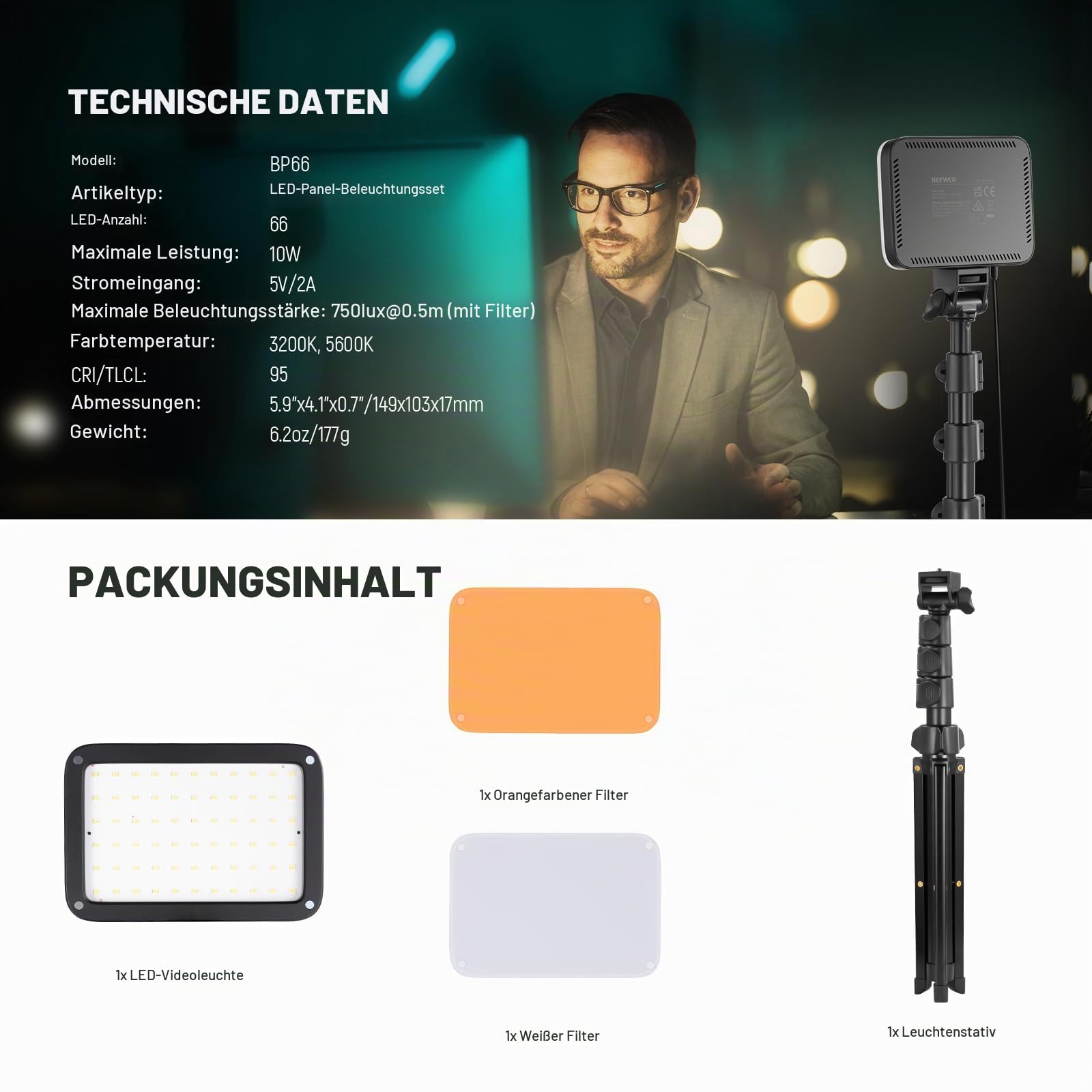 Neewer BASICS LED Videoleuchte Panel Beleuchtung Set zweifarbige dimmbare tragbare Studioleuchten mit Stativ und Filtern 3200K ~ 5600K CRI 95ux für Fotografie Videoaufzeichnung BP66 – Bild 8