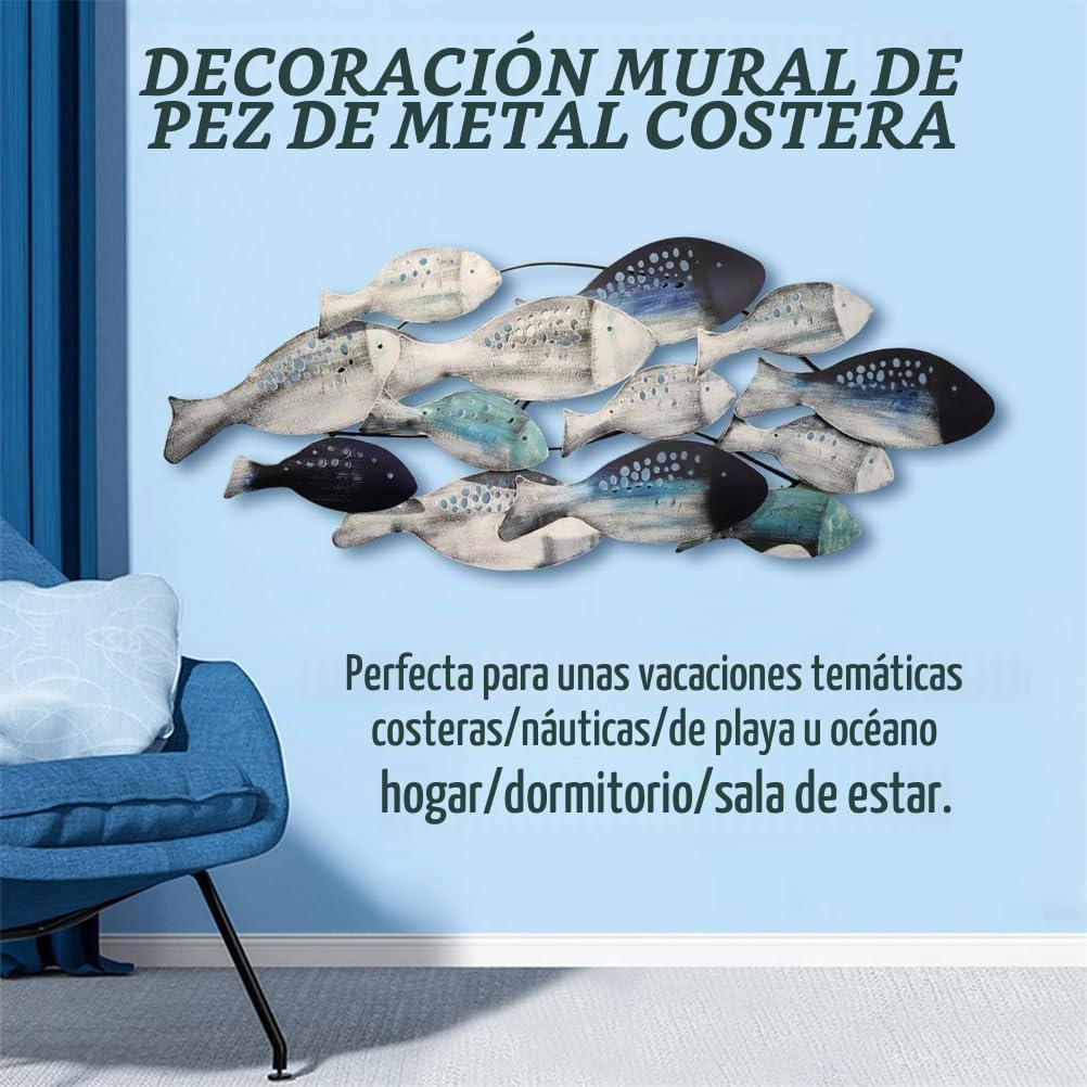 Decoración de Pared de pez de Metal con diseño costero oceánico, Escultura de pez 3D Grande de 127 x 50 cm, Arte Mural de Banco de Peces Pintado a Mano, decoración Colgante para Sala de Estar