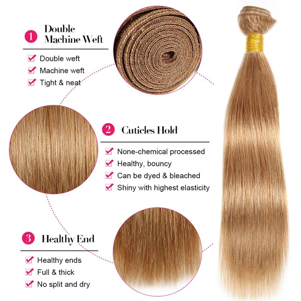 Blonde Bundles Human Hair Straight Bundles 16 16 16 Inch Unprocessed Brazilian Virgin Remy Hair 3 Bundle #27 Honey Blonde Straight Human Hair Extensions For Women 50 Gram Per Bundle