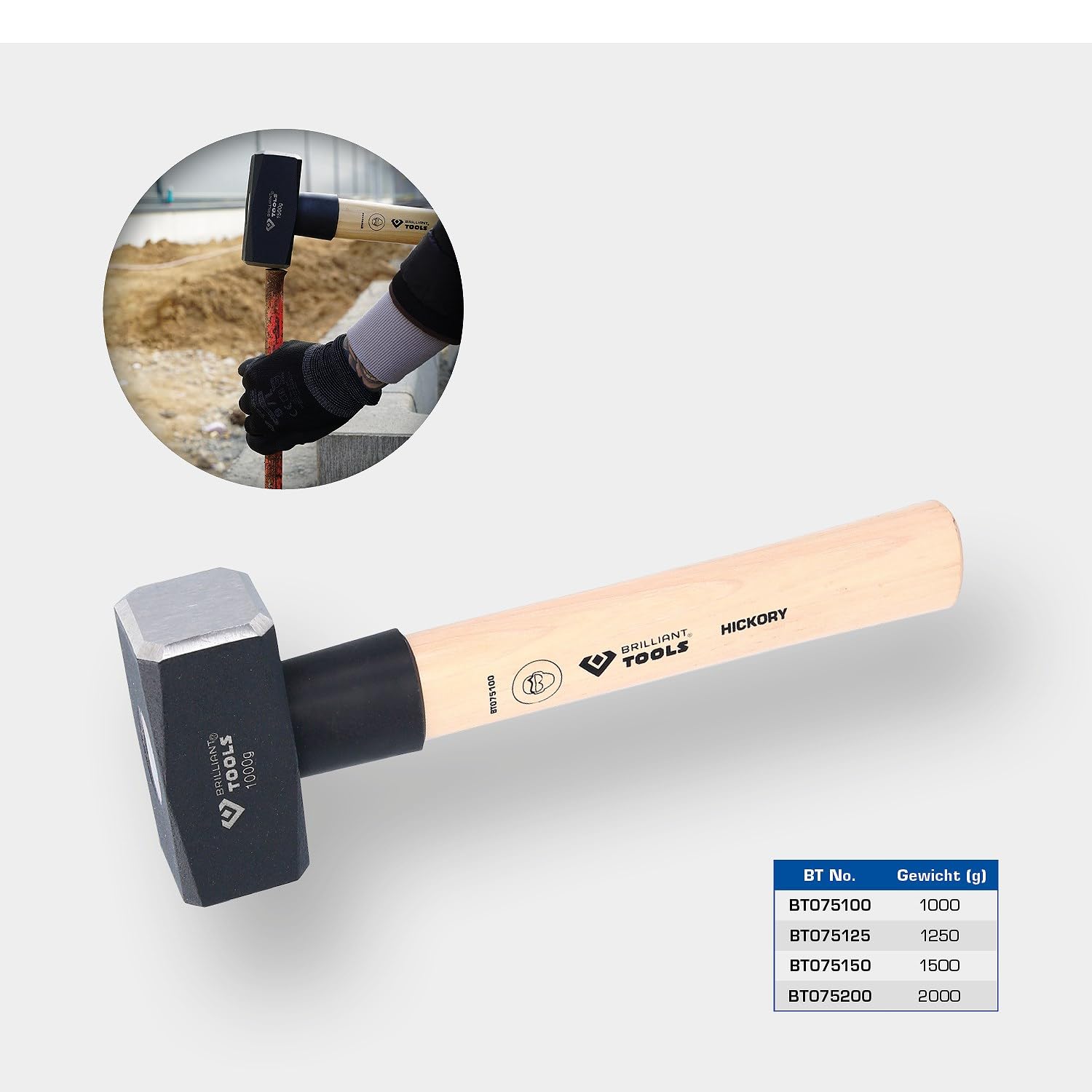 BRILLIANT TOOLS BT075100 Mazzetta con manico hickory, 1000 g [Powered by KS TOOLS]