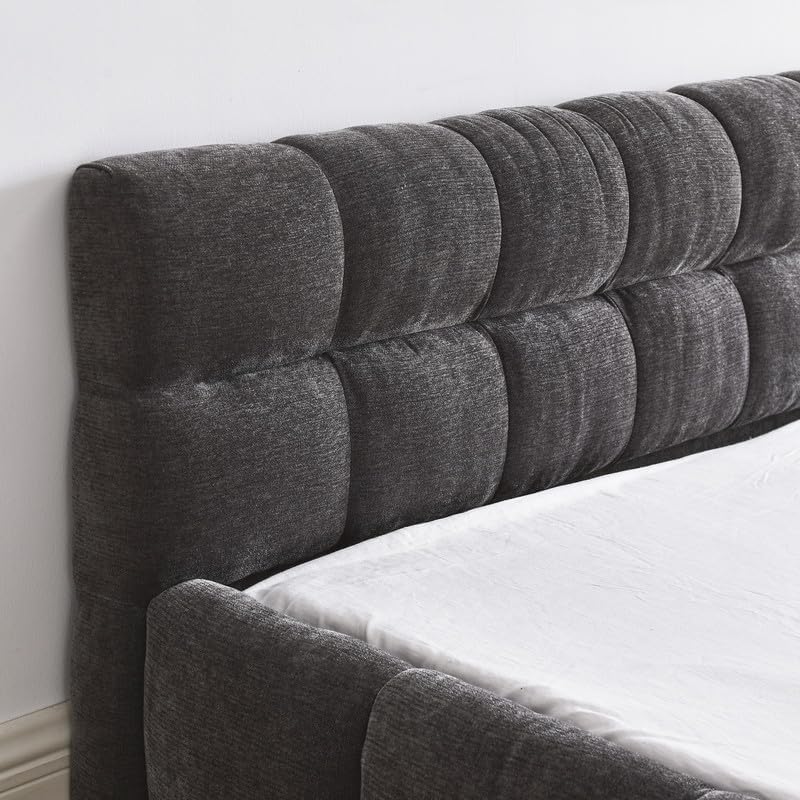 Queen Upholstered Bed Frame, Comfy Chenille Fabric Grounded Platform Bed with Headboard, Elegant Cloud Soft Padded Queen Floor Bed, No Box Spring Needed, Easy Assembly, Dark Grey