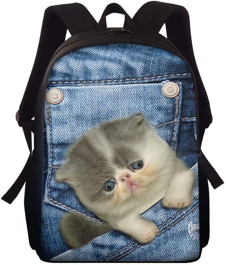 chaqlin Kids Children School Bags 3D Novelty Denim Kitten Cat Back to School Backpack Boys Girls Casual Large Capacity Bookbags with Bottle Holder