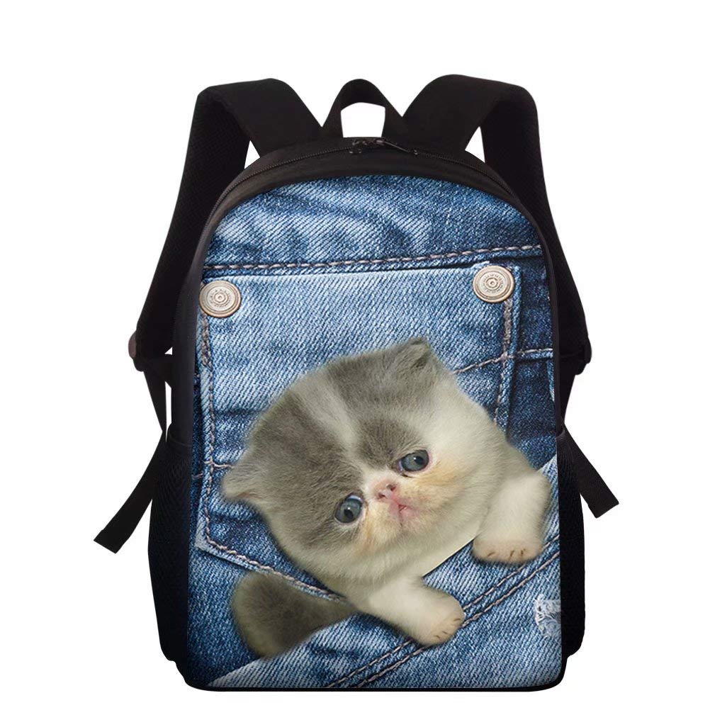 chaqlin Kids Children School Bags 3D Novelty Denim Kitten Cat Back to School Backpack Boys Girls Casual Large Capacity Bookbags with Bottle Holder