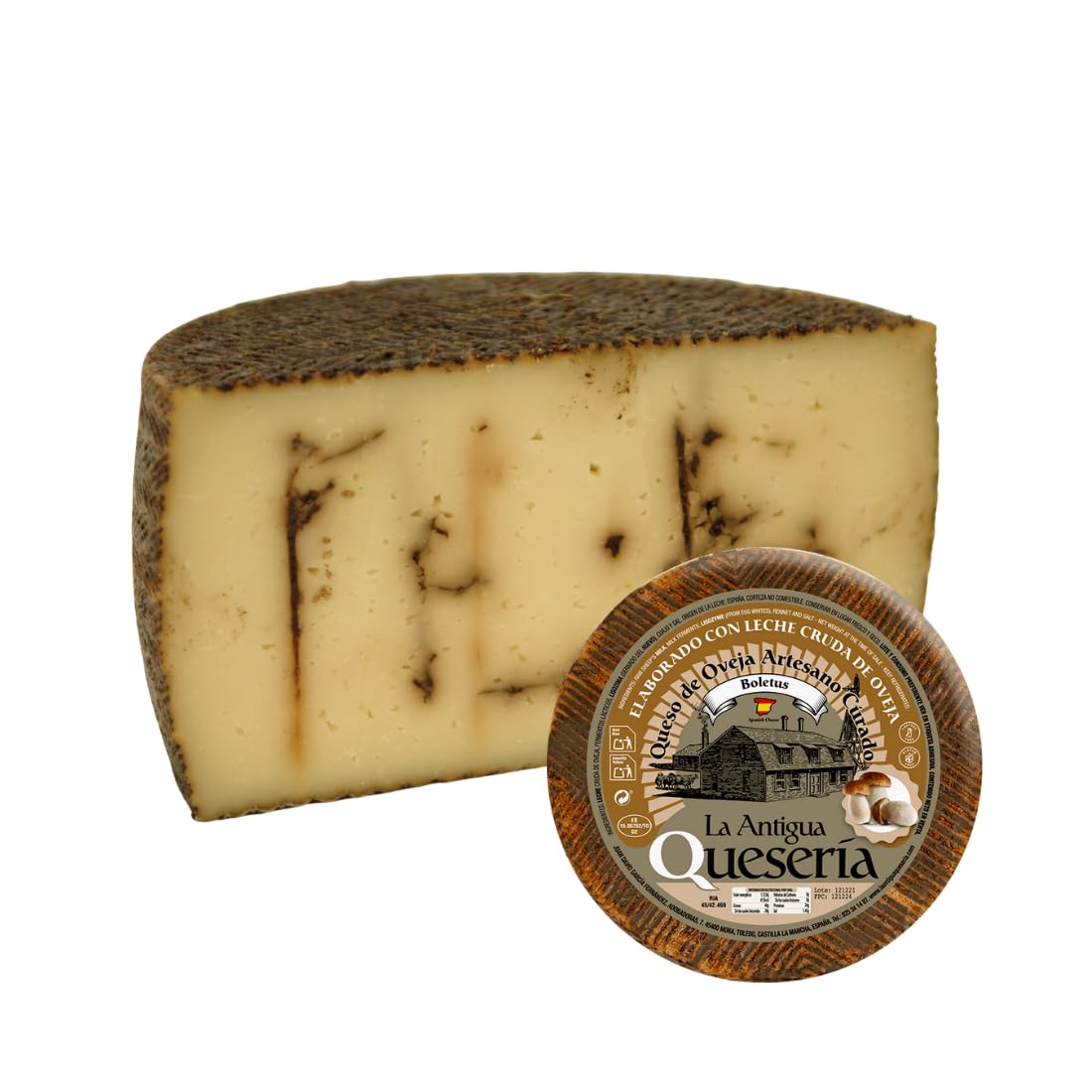 La Antigua Quesería Queso de Oveja Artesano Curado con Boletus, Leche Cruda 100%, Curación Mínima 6 Meses, MEDIO QUESO, 1,5 kg (Aprox)