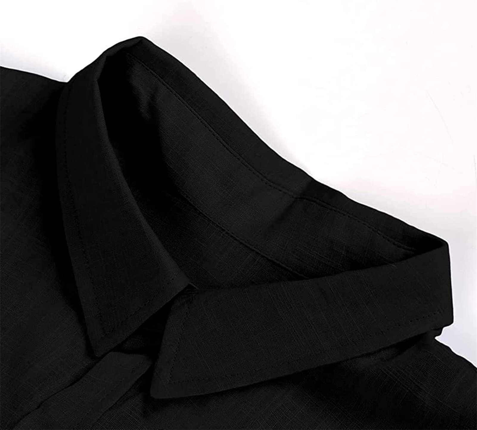 Men's Linen Button Down Shirts Casual Long Sleeve Summer Beach Shirt Tops Solid Roll-Up Sleeve Regular Fit Shirt (Black,3X-Large)