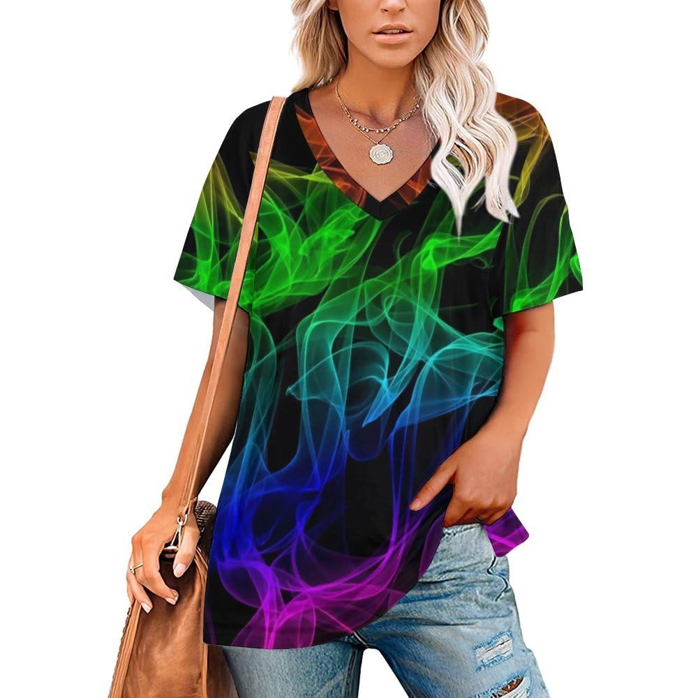 Fjqwklf Women's Glow In Dark Splatter Neon (7) Glow In Dark Splatter Neon Tops,V Neck T Shirts Tops Shirts Loose Ruffle Short Sleeve Shirts Gift