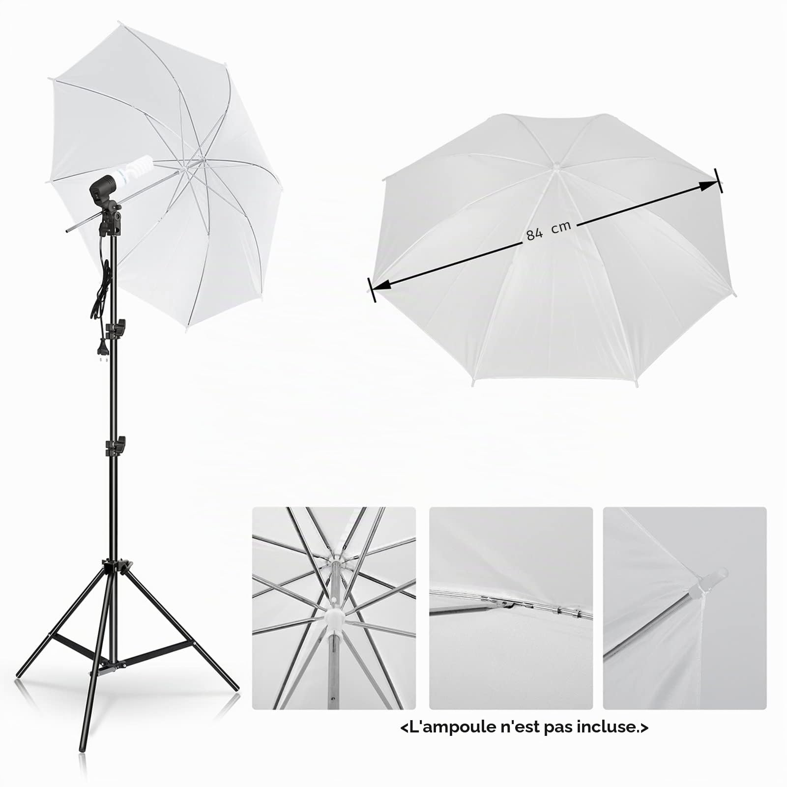 Andoer Kit parapluie de photographie de studio avec parapluies blancs de 33 pouces * 2 supports pour trépied en métal de 2 m * 2 prises de lumière + E27 * 2 pour la diffusion en direct de photographie