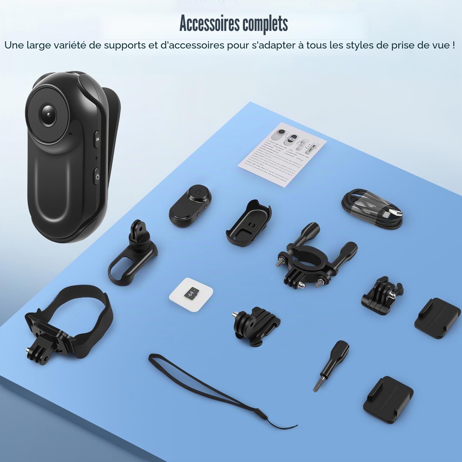 Mini Caméra Action avec Carte Mémoire 64G, 1080P HD et 130° Grand Angle, Caméra Action Magnétique Sans Fil Portable Caméra Casque Caméra Corporelle pour Sports Extérieur, avec Accessoires Multifonctio