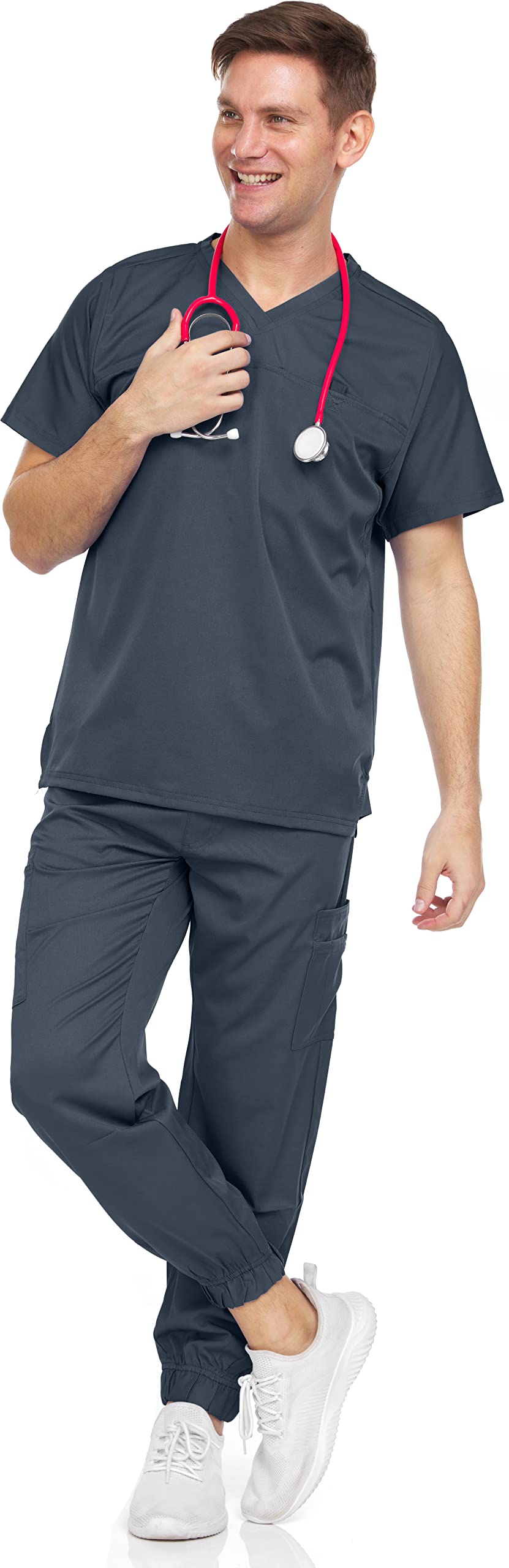 MediChic Men's Scrubs Set – Stretch V-Neck Workwear, 7-Pocket Jogger Pants, Flex Medical Uniforms, Pewter Large