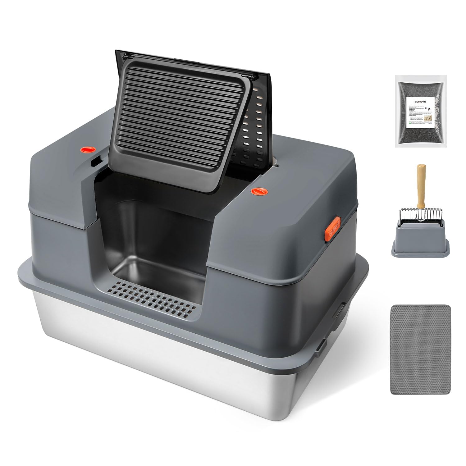 Stainless Steel Enclosed Cat Litter Box with Lid，Covered Metal Kitty Litter Box with Litter Mat and Odor Reduction Pack(2kg), Metal Scoop，Switchable Design, Easy Clean (Litter Box Grey)