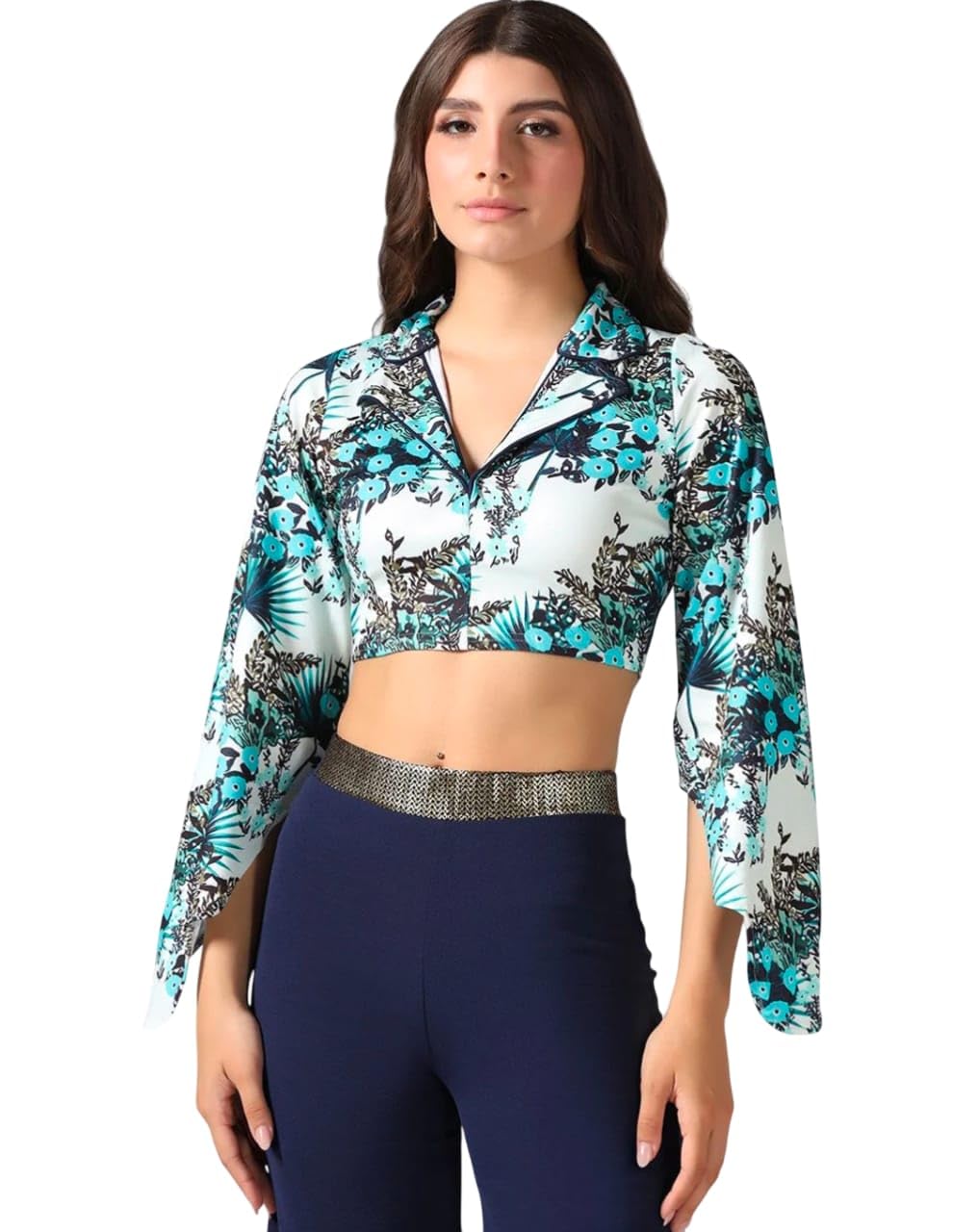 Women's Floral Printed Lapel Collar Crop Top with Bell Sleeves and Palazzo Co-Ords-picture-44
