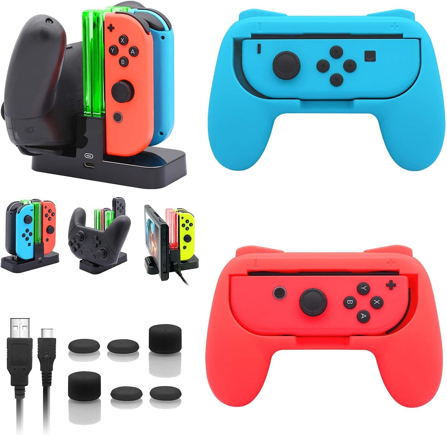 FASTSNAIL Charging Dock and 2 Pack Switch Grips Kit for Nintendo Switch Joy Con & OLED Model, Charger Stand Station with Charging Cable, Wear-Resistant Grip Controller with 6 Thumb Grip