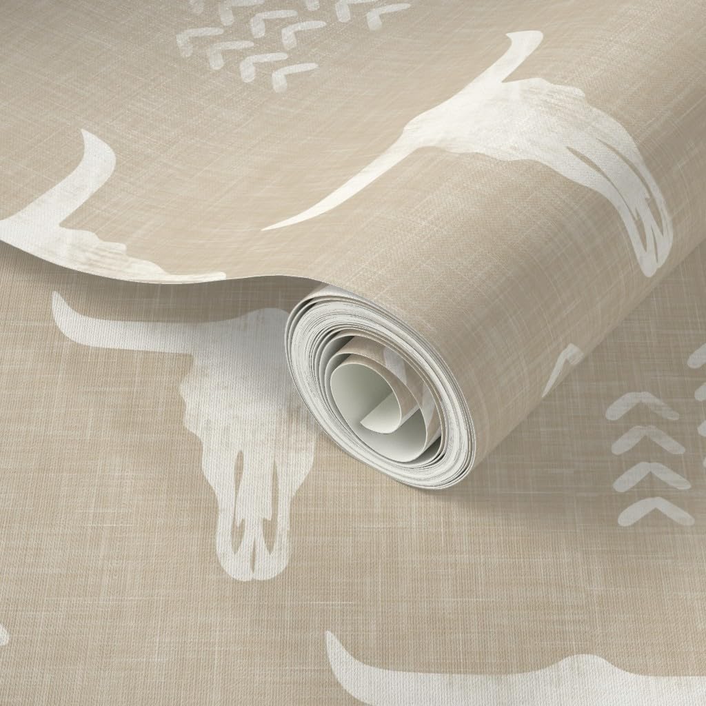 Peel & Stick Wallpaper 12ft x 2ft - Southwestern Boho Cow Skull Neutral Bohemian Desert Sand Beige Cream Custom Removable Wallpaper by Spoonflower