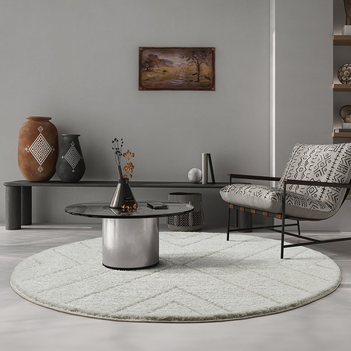 the carpet Bahar Shaggy Elegant Designer Living Room Rug, Soft & Easy-Care High Pile Living Room Rug in Cream Diamond 120 cm Round โ image 1
