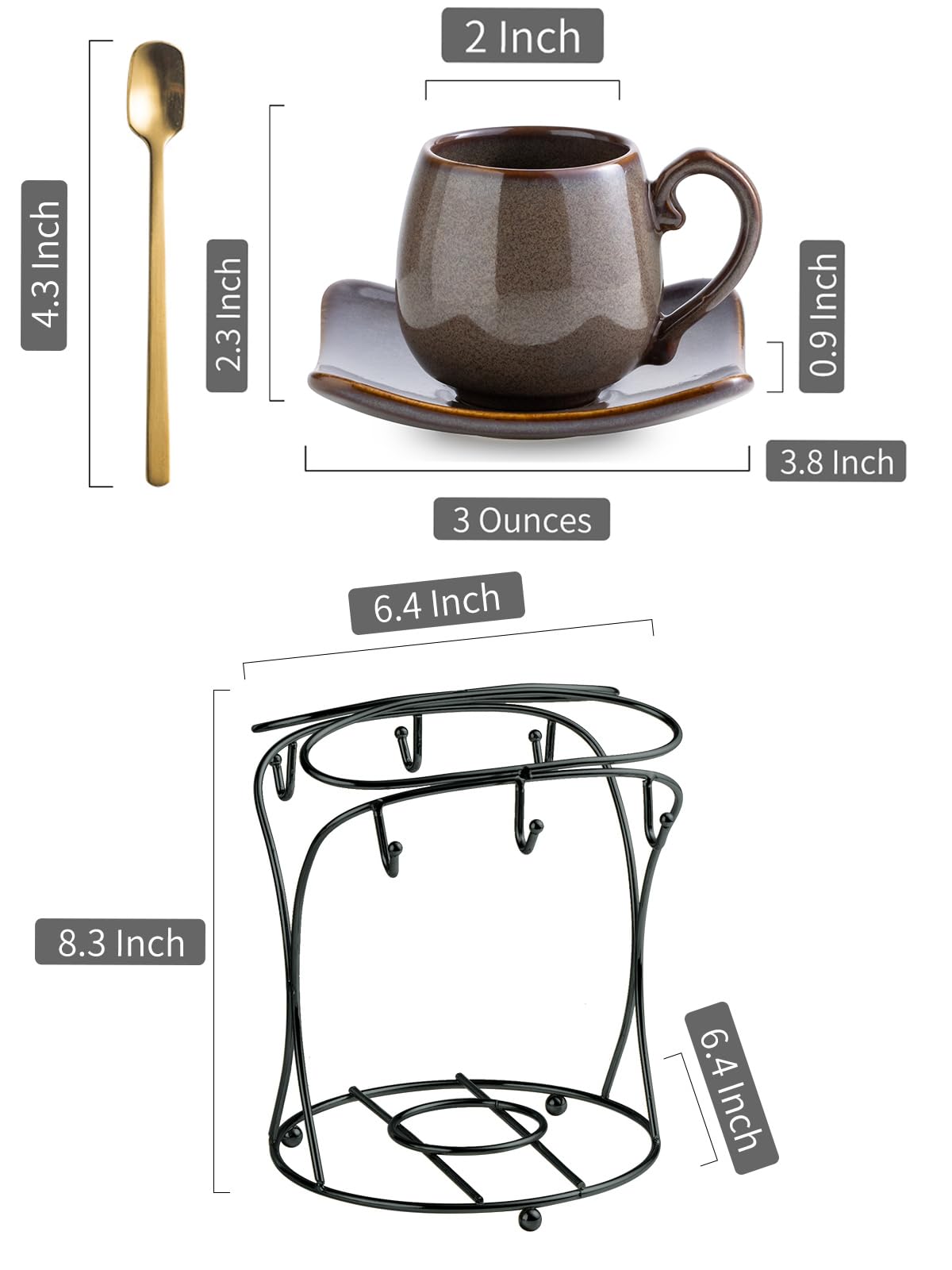 LYEOBOH Kaffee-Espressotassen mit Untertassen, Keramik, kleine Kaffeetassen mit Halter und Löffeln, süße Demitasse-Tassen für Espresso, Latte, Mokka, Einweihungsgeschenk, Bauernhaus, Braun