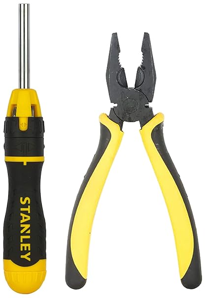 STANLEY 70-482 8'' Sturdy Steel Combination Plier Double Color Sleeve (Yellow and Black) & STANLEY STHT68010-8 Magnetic Holder Ratcheting Screwdriver with 10 Bits