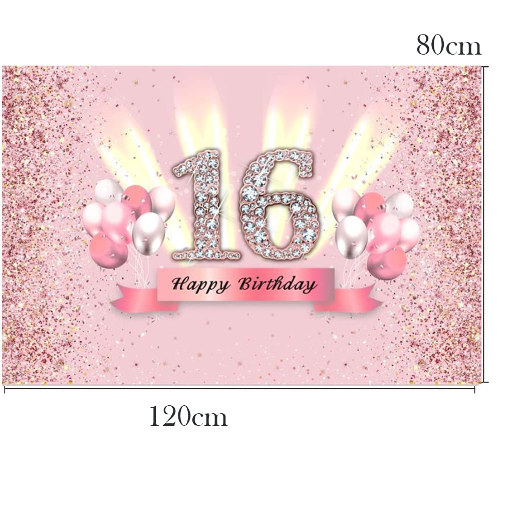 Happy 16th Birthday Backdrop Banner for Girls, Sweet 16 Birthday