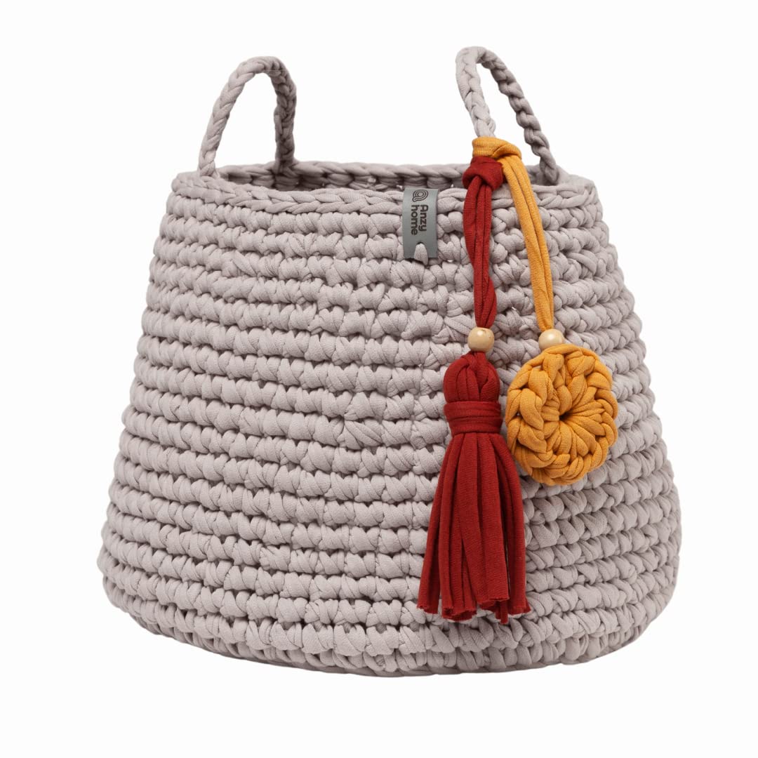 Anzy HomeCrocheted Cotton Storage Basket for Towels, Blanket, Toys, Clothes, Gift, Laundry Basket Organizer - 11" D×9" H, (Ecru)