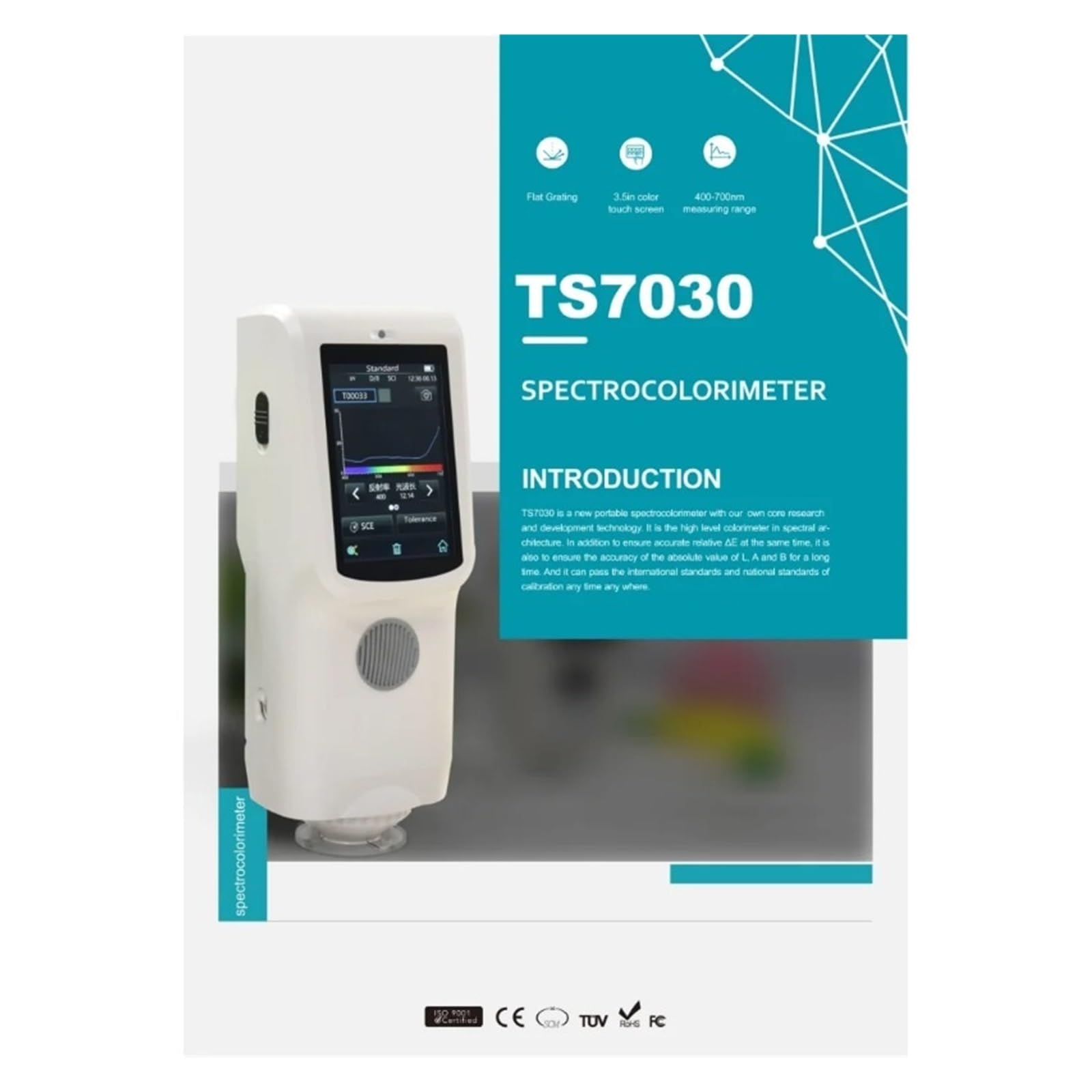 colorímetro, Espectrofotómetro de color TS7030 con fuente luz LED espectro completo 32 grupos y doble ángulo D/8 apertura 8 mm