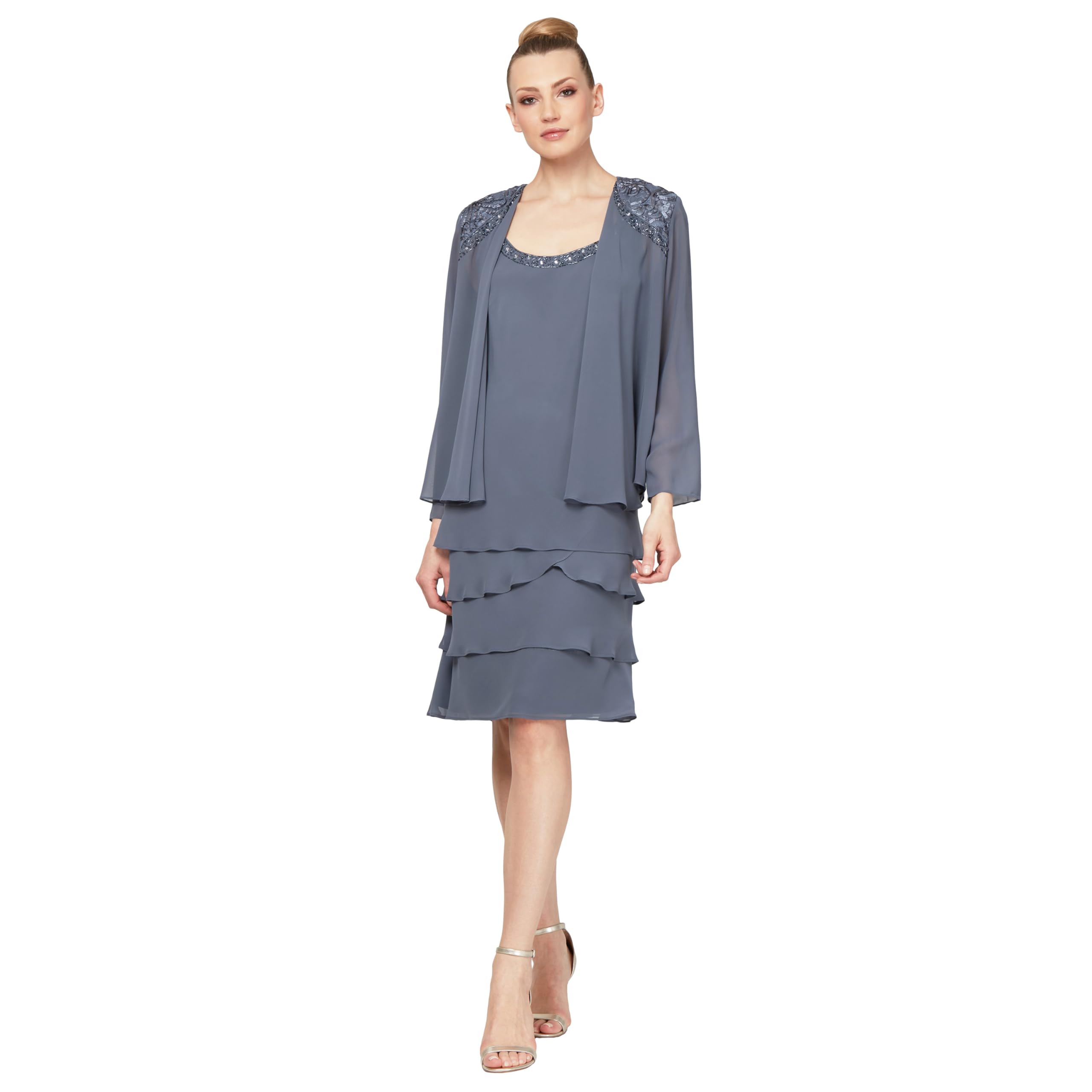 S.l. Fashions Women's Steel Mother Of The Bride Tiered Jacket Dress With Shoulder Embellishment (Petite And Regular Sizes) Special Occasion, 22