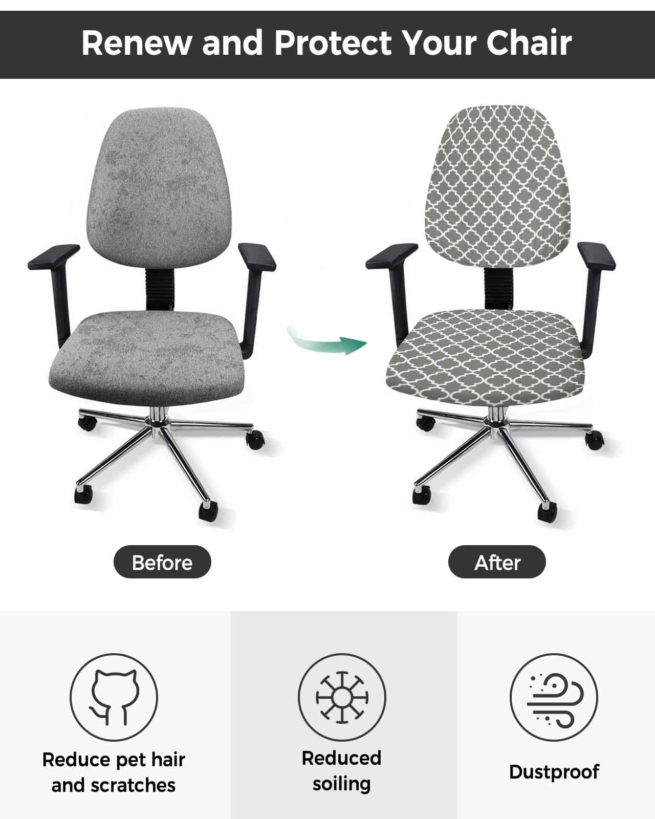Gray Morocco 2 Pieces Computer Office Chair Covers Set,Stretchable Desk Rotating Chair Seat Cushion Slipcover Back Covers,Vintage Minimalist Boho Ethnic Pattern Slipcover Back Cover,Protectors Cover