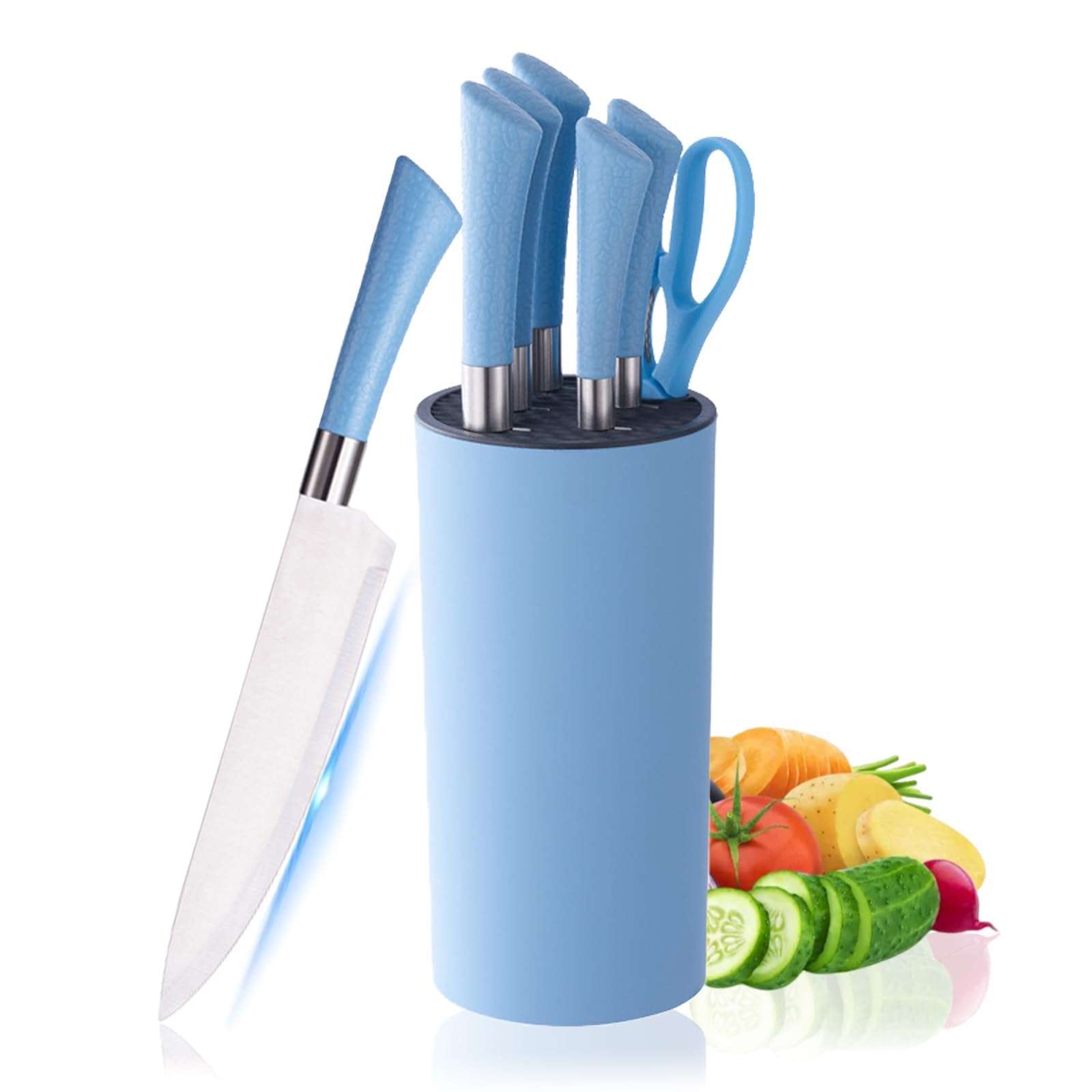 Kitchen Knife Set, 7-Pieces Blue Stainless Steel Knife Block Set with Sharp Blades, Professional Chef Knife Set with Ergonomic Handle for for Chopping, Slicing, Dicing Cutting (Blue)