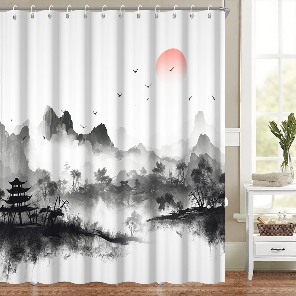 Uiyiui Multicolor-2 Chinese Ink Painting Shower Curtain 72X72in/183X183cm/Wxh Watercolor Japanese Red Sun Black Mountain Bird Trees Nature Landscape Asian Bathroom Decor Curtains For Stall Bathtubs With Hooks