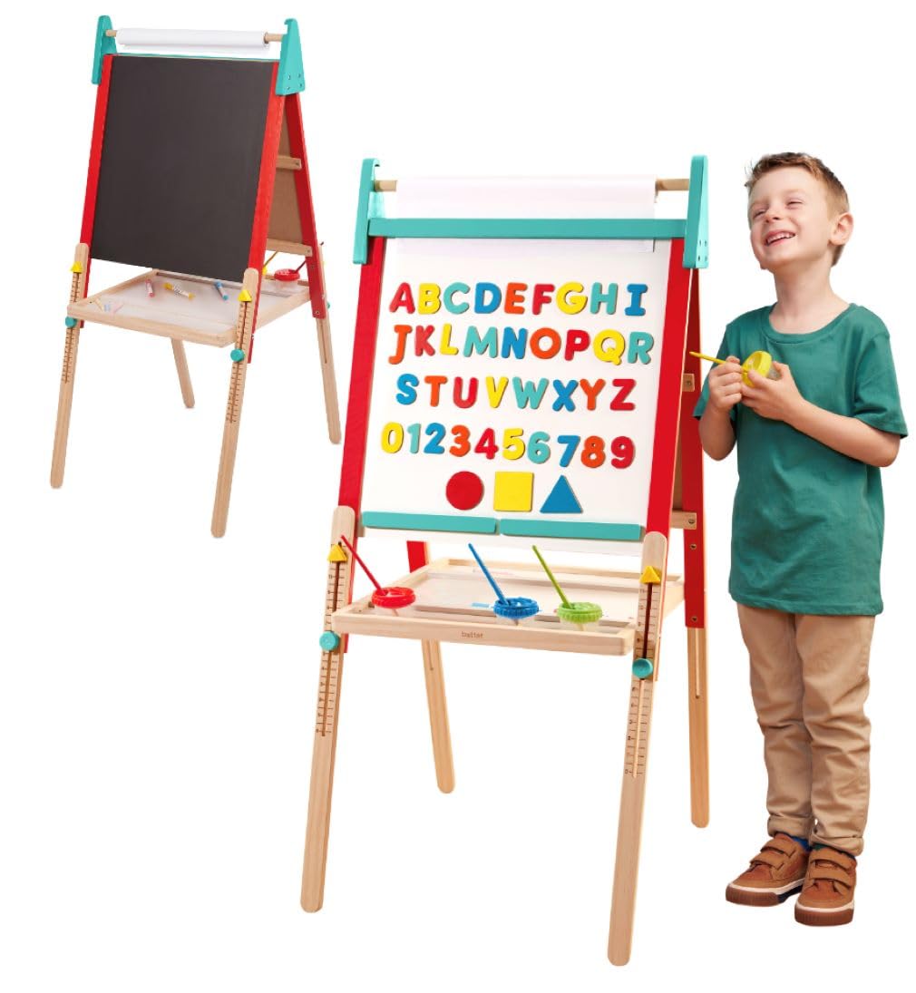 Battat – Wooden Art Easel for Kids with Magnetic Whiteboard & Chalkboard – Double-Sided Educational Toddler Toys with 61 Art Supplies, Adjustable Height & Paper Roll Holder – Creative Learning Station