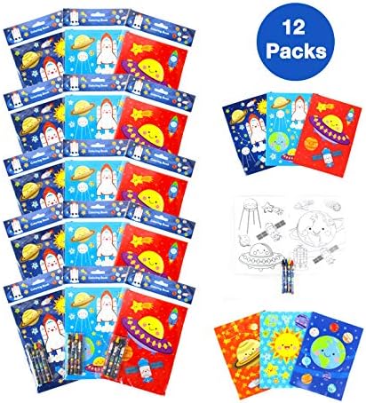 TINYMILLS Outer Space Coloring Book for Kids Party Favor Set with 12 Coloring Books and 48 Crayons Space Astronaut Rocket Birthday Party Supplies Outer Space Party Favor Bag Fillers