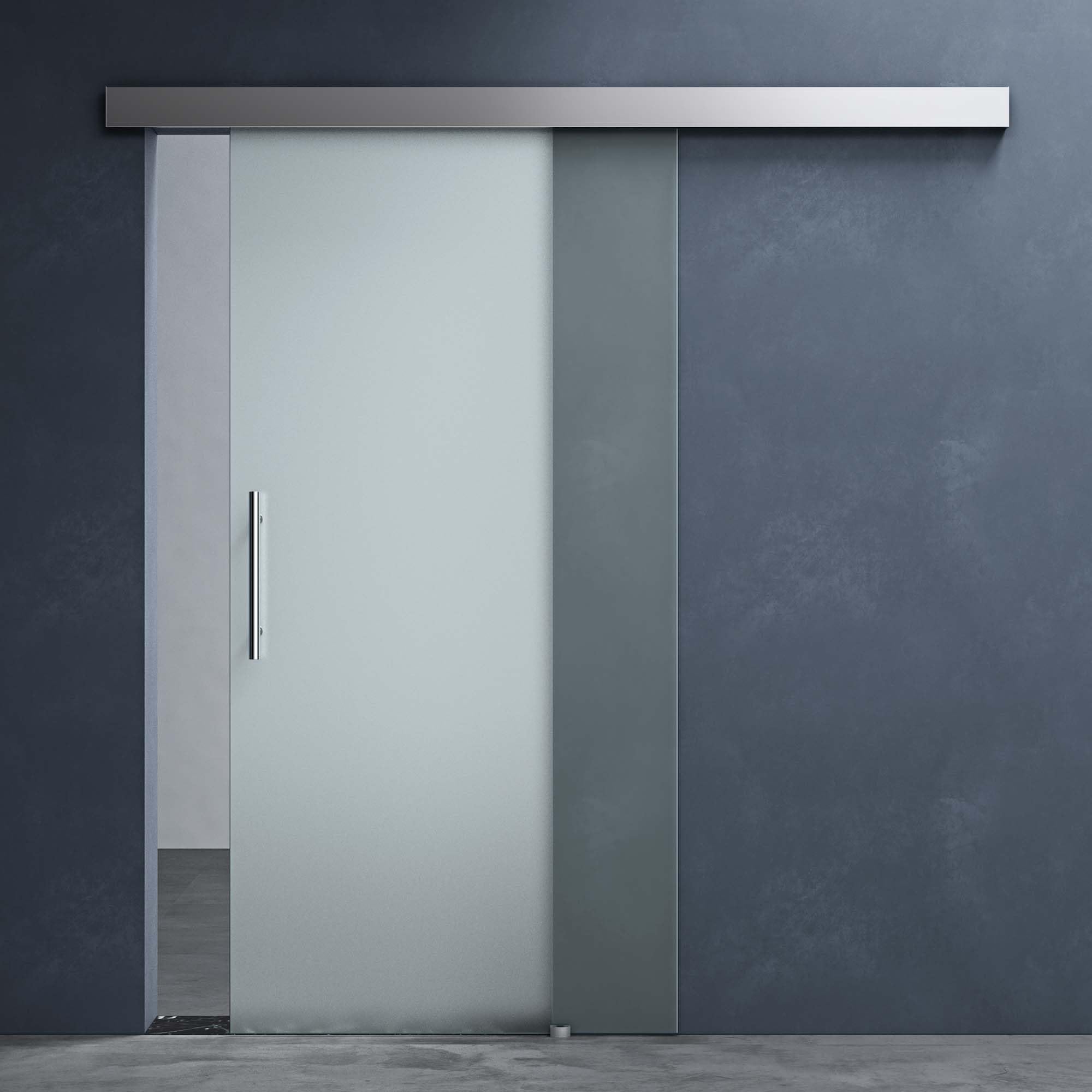 Mai & Mai Glasschiebetür komplettset 77,5x215cm Vollsatiniert | Zimmertür, Griffart: Stangengriff, 25 mm Wandabstand, 8mm ESG-Sicherheitsglas Amalfi