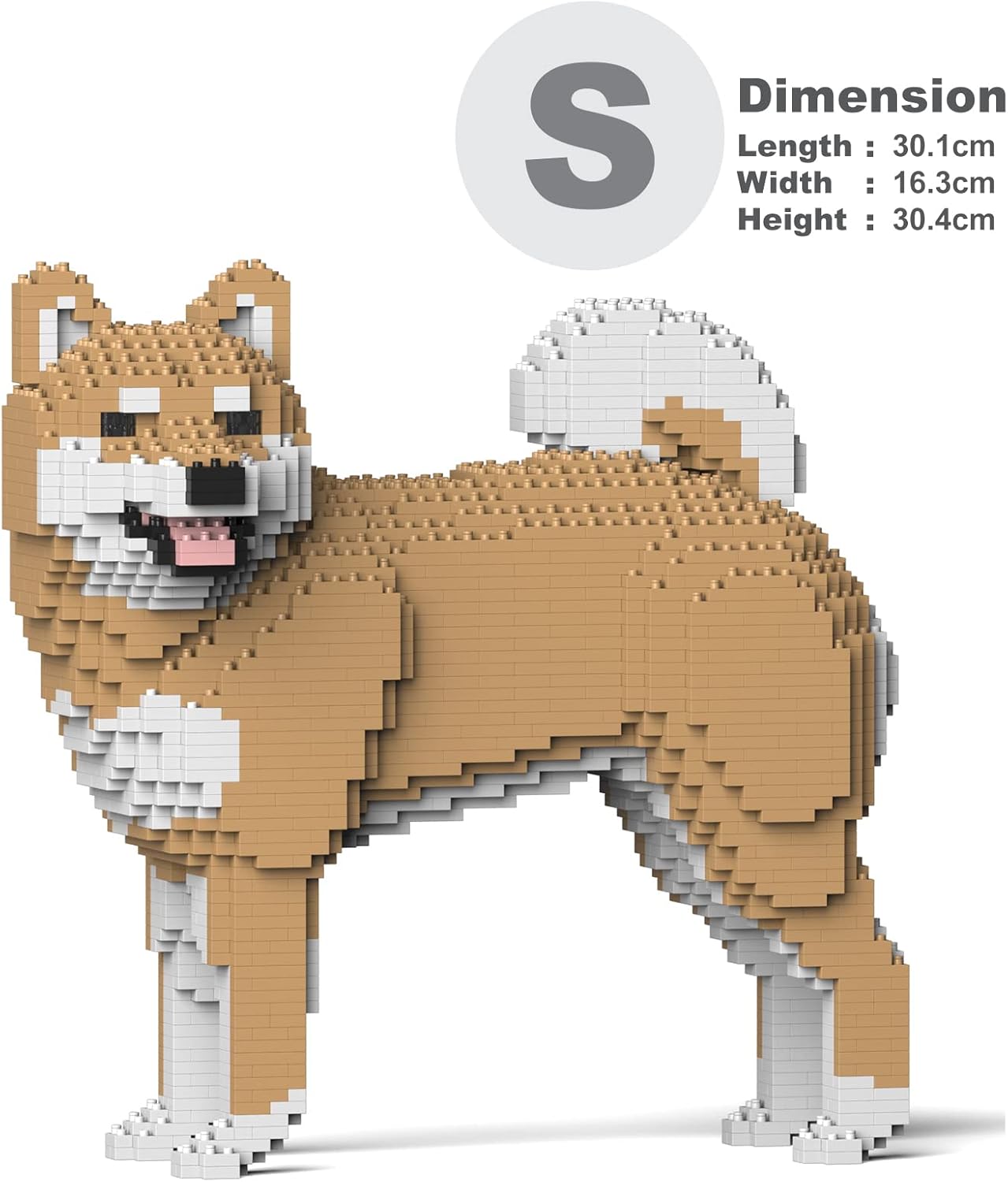 Diagram showing the dimensions of the JEKCA Shiba Inu 02S-M02 sculpture: Length 30.1cm, Width 16.3cm, Height 30.4cm.