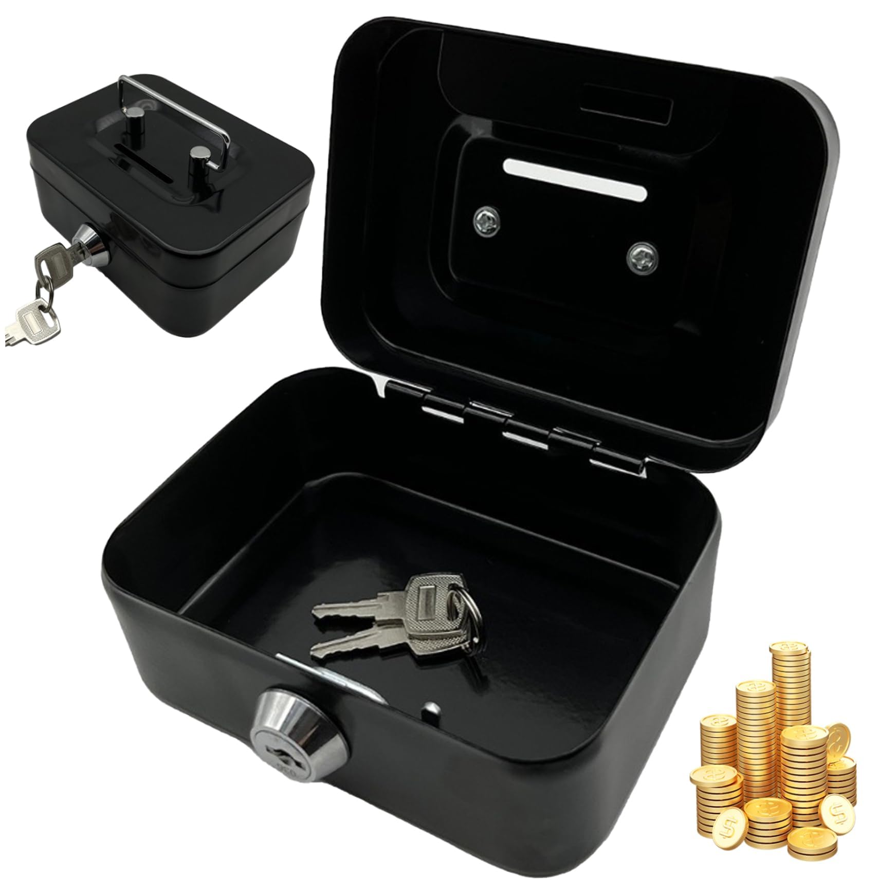 KASTWAVE Cash Boxes with Keys, 4.5 Inch Iron Lockable Money Box with Coin Slot, Safe and Sturdy Petty Cash Tin Coin Box, Small Lock Box with 2 Key Cash Box, for Kids Adults (Black)