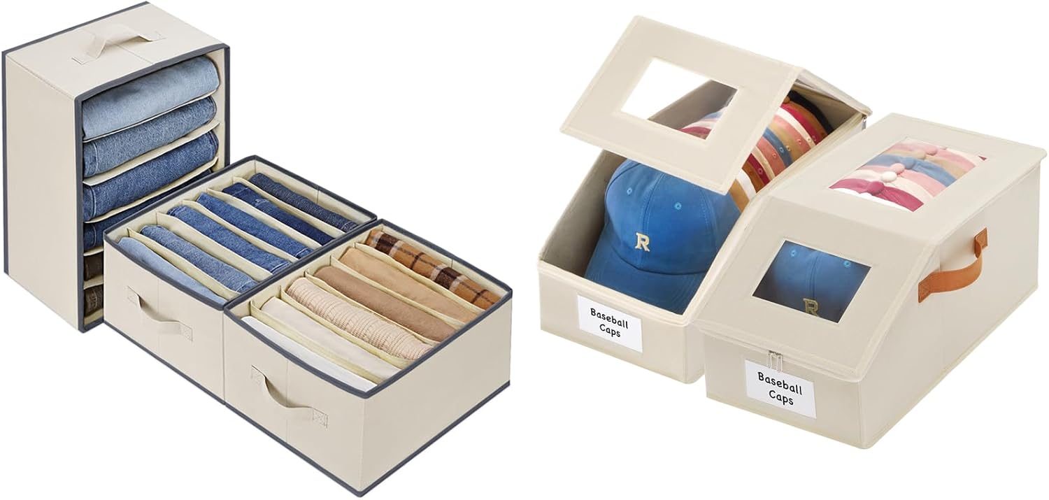 3 Pcs Large Size Wardrobe Clothes Organizers & 2 Pcs Extra Large Hat Organizer Stackable Design & Sturdy Handles for Closet, Beige