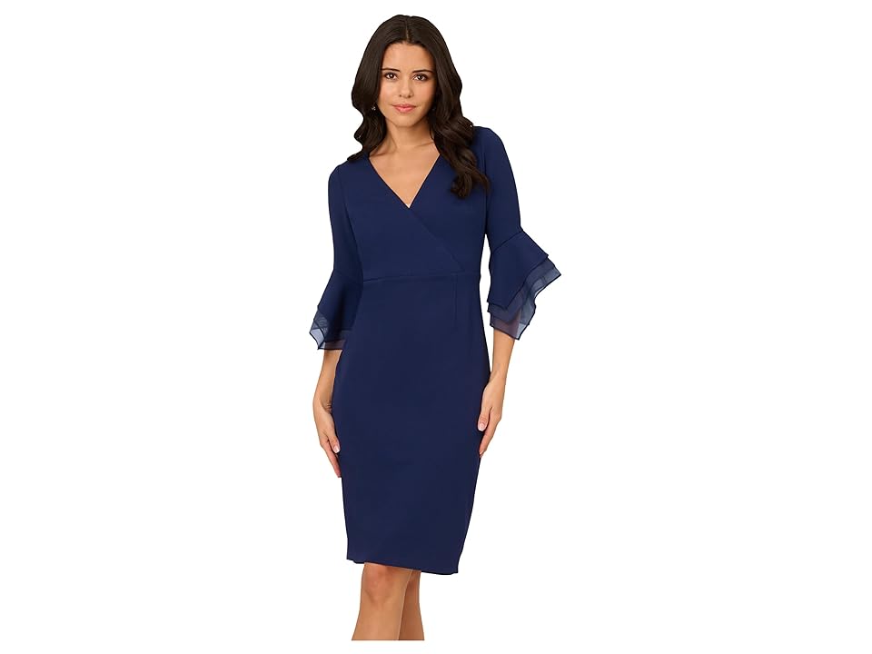 Adrianna Papell Crepe Combo Midi Dress Women’s Dress Navy Sateen : 10, Elastane/Polyester