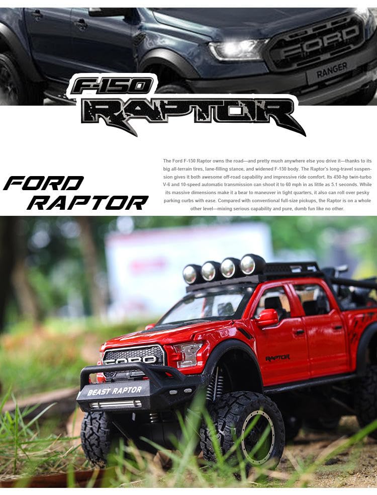 Image of Alokik Enterprise 1:24 Ford Raptor F150 Die-cast Metal Pull Back of Road Car with 4 Openable Doors with Lights and Sound Toy Decoration, Showpiece Car Best Gift Toys for Kids (Black)