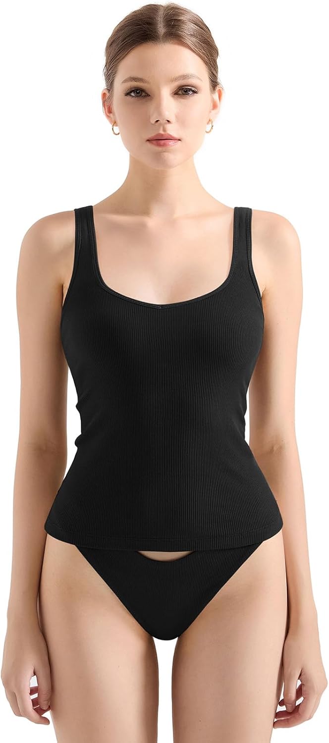 SUUKSESS Women Cotton Ribbed Built in Bra Tank Tops Summer Casual Basic Top Medium Black