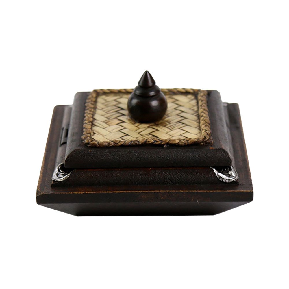Mural Art Thailand Wooden Ashtray Carved Handicraft with Elephant Silver Plated and Covered by Bamboo Weaving Lid Cigarette Ash Holder Container (Medium)