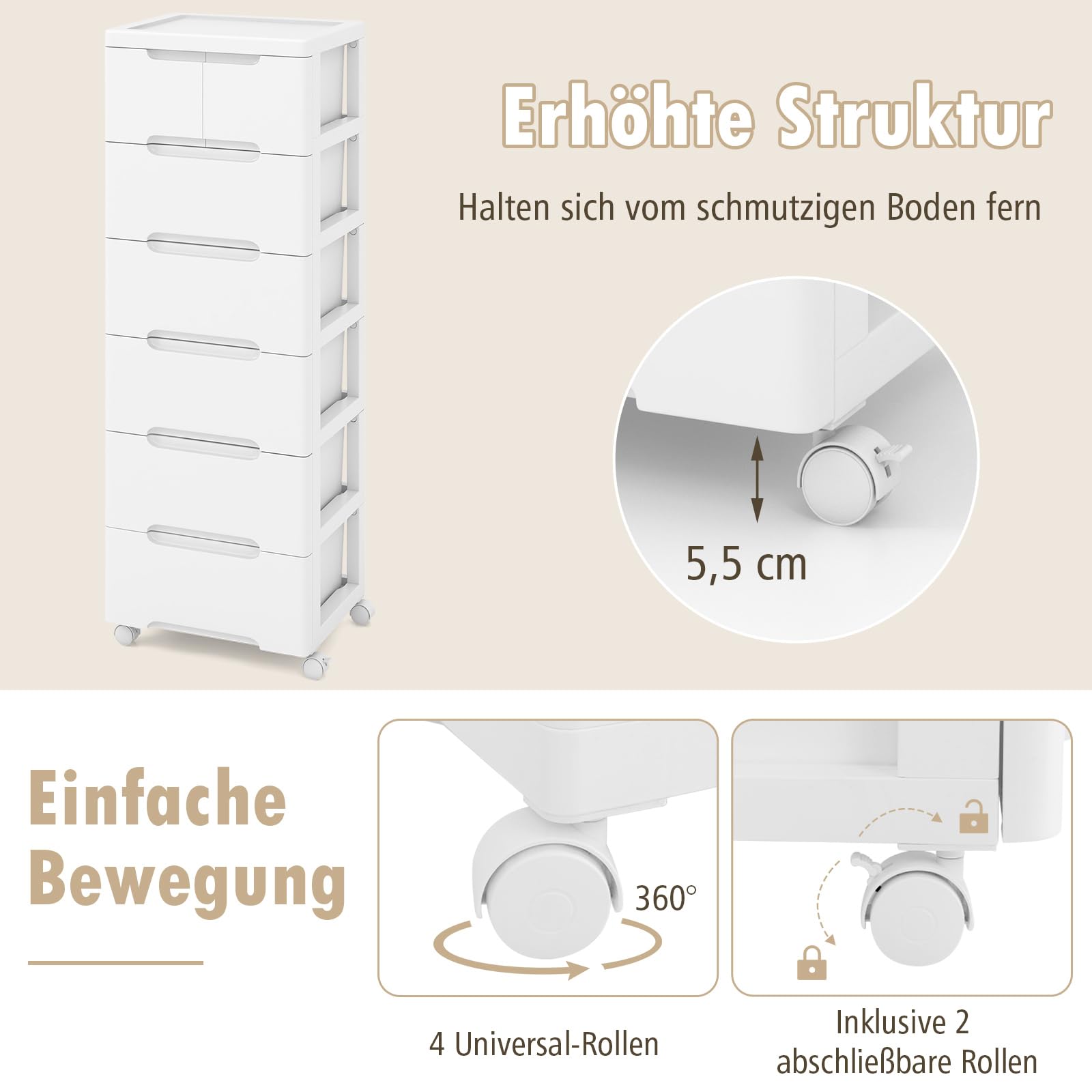 COSTWAY Nischenschrank vertikal Aufbewahrungsschrank, Kommode mit Schubladen, universellen & arretierbaren Rollen, Badrollwagen für Wohnzimmer Büro Salon, Weiß (7 Schubladen)