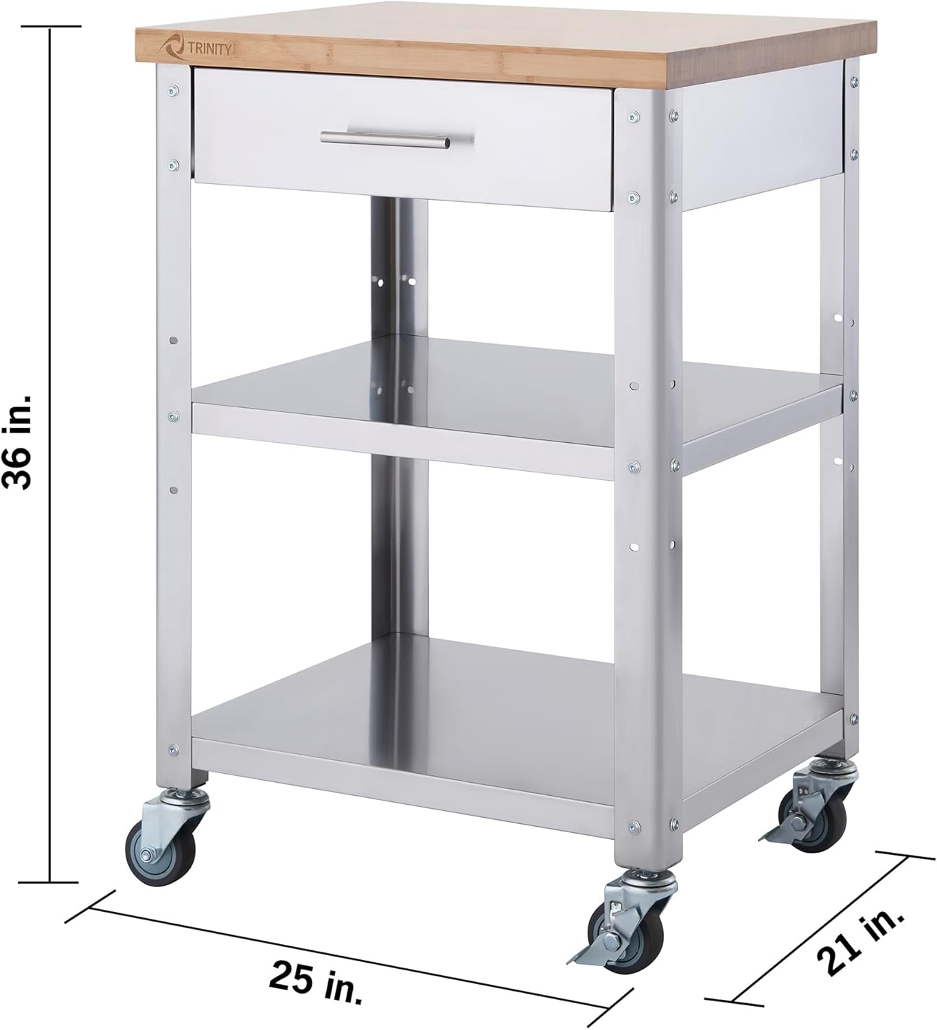 Diagram showing the dimensions of the TRINITY kitchen cart: 25 inches wide, 21 inches deep, and 36 inches high.