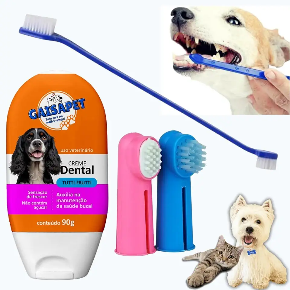Kit de Higiene Bucal para Cães e Gatos - Escova Dupla + 2 Dedeiras + Gel Dental - Previne Placas e Tártaros, Clareia Dentes - Tutti Fruti
