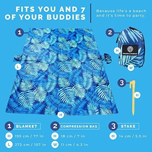 Urbaneco Outdoors Lightweight Beach Blanket - Oversized 107" X 77" Waterproof Sandproof - Double Anchored For Fun Leisure Beach Blanket - With Stake Pouch & Plastic Stakes Durable Sand Beach Mat #TOP3