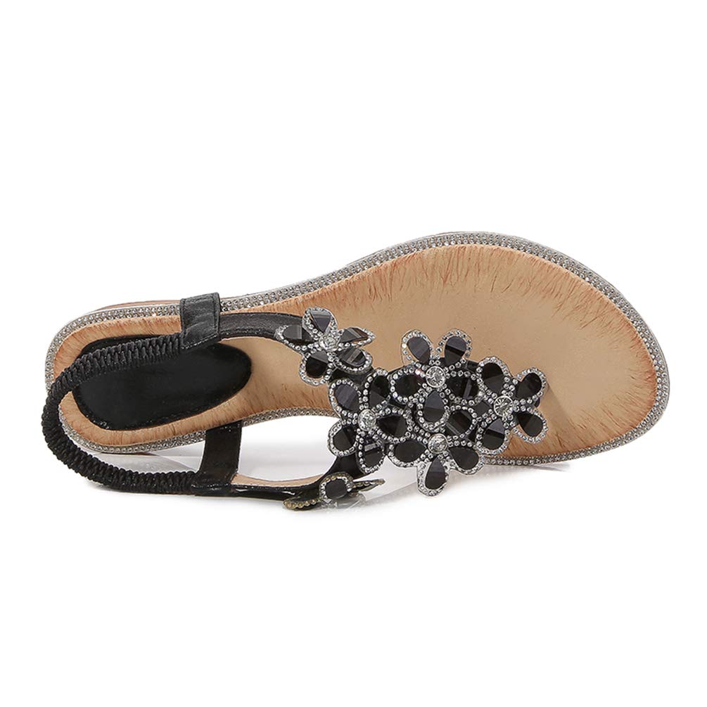 iCKER Women's Ankle Strappy Gladiator Sandals Beach Bohemia Thong Flat Sandal Shoes-PD05-Black-8.5