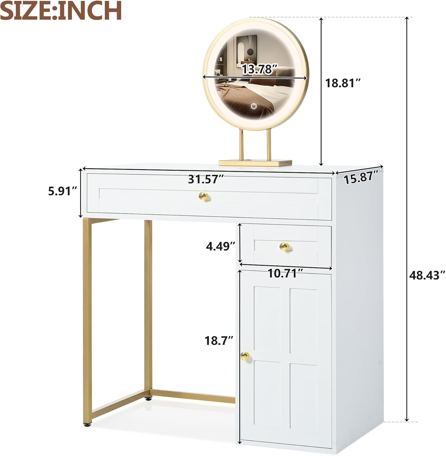 31.5'' Modern Vanity Desk with LED Lighted Mirror, 2 Drawers & Adjustable Cabinet, 3 Lighting Modes, Gold Iron Legs, White-Gold Dressing Table for Bedroom/Office