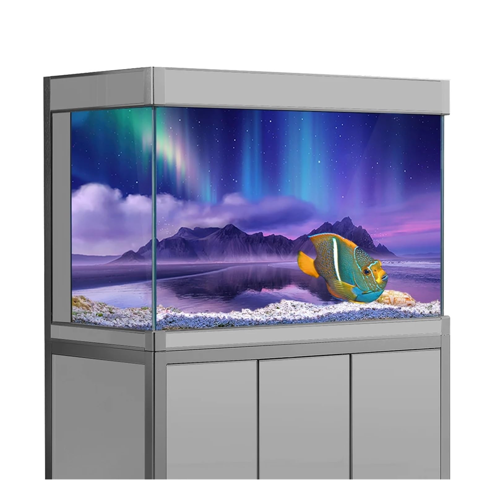 Poster Aquarium Autocollant de Fond d'aquarium en PVC, Motif aurores boréales dans Les Montagnes, Papier Peint 3D(60x90cm)