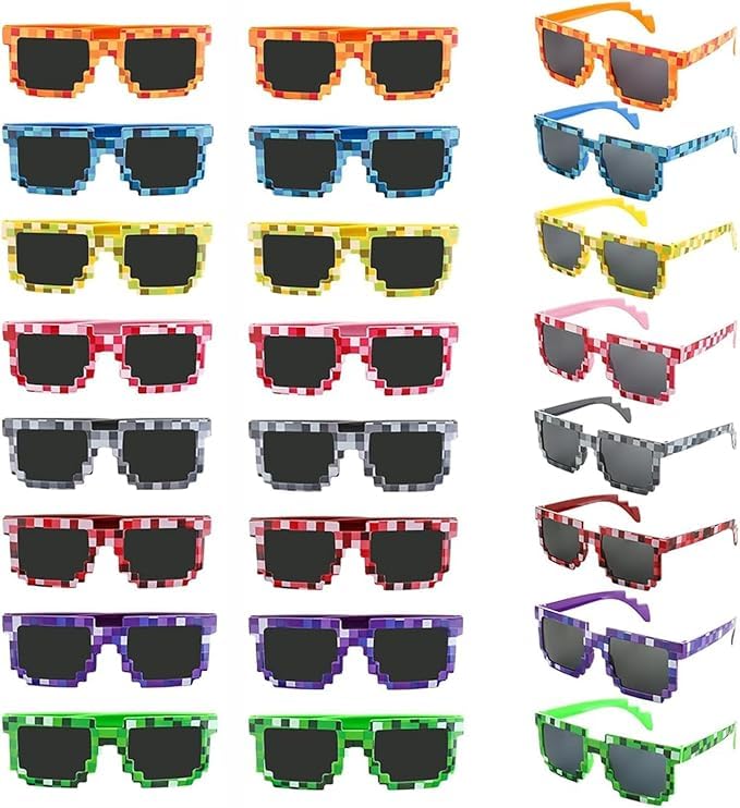 PintreeLand 24PCS Pixel Sunglasses Party Pack Video Game Style Glasses in 8 Colors Party Favors and Photo Props